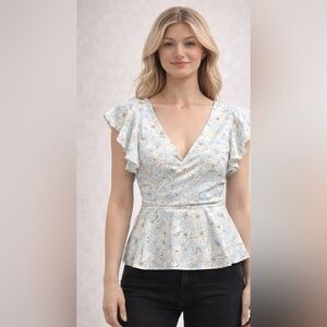 Reitmans Light Blue Floral V-Neck Ruffle Sleeve Dress